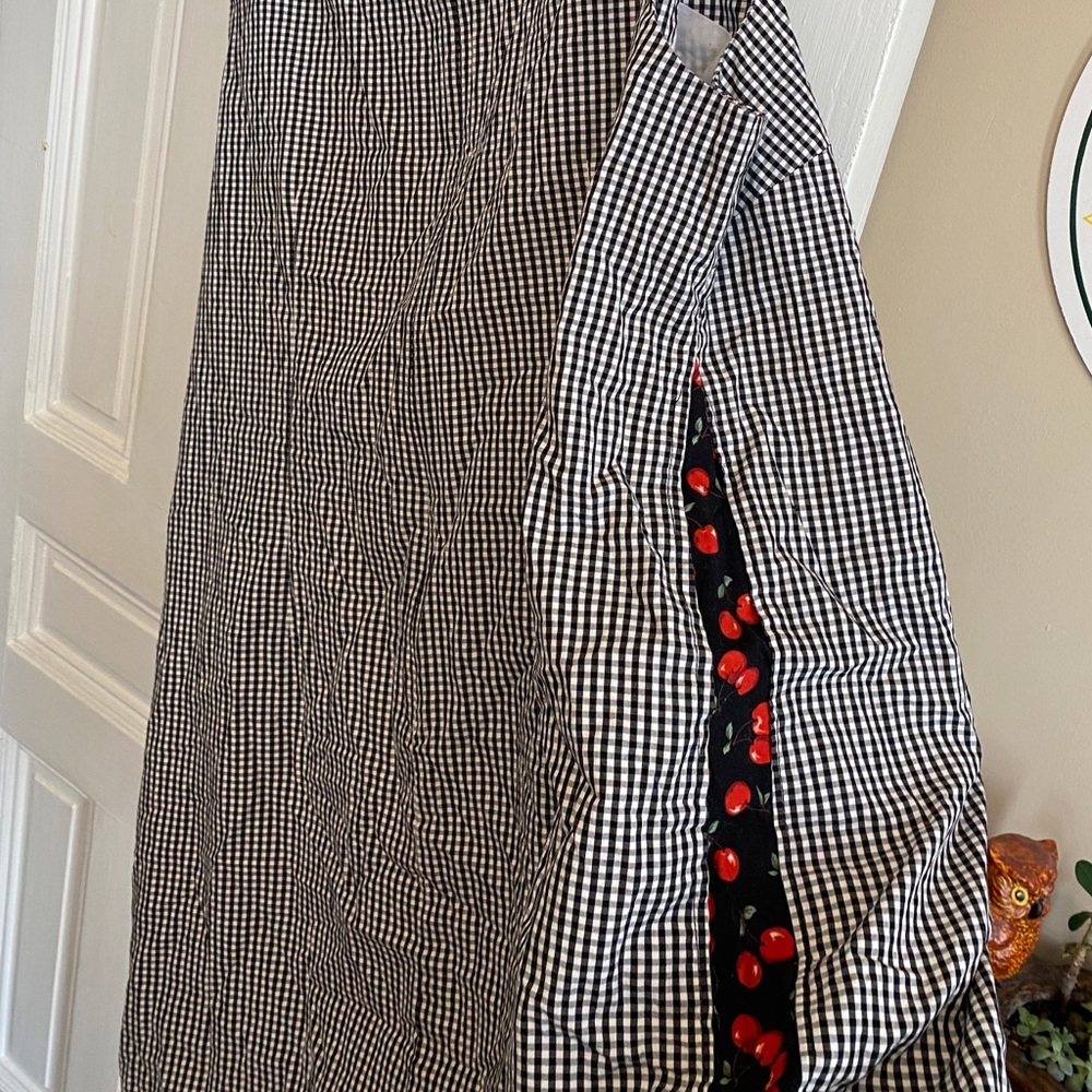 Plus size black gingham high neck dress with cherry pattern side panels